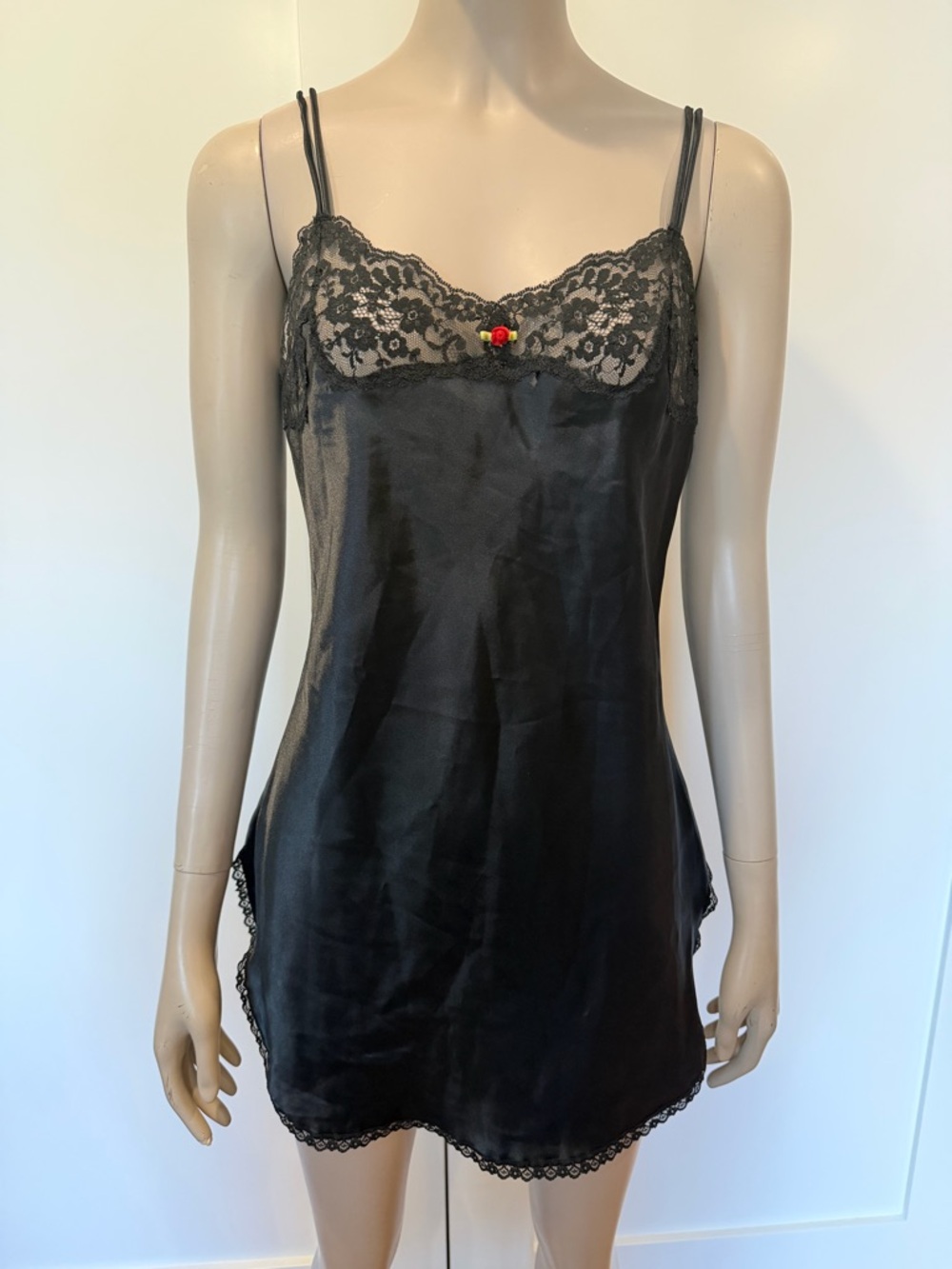 Vintage Victorias Secret Gold Crown Label Black Satin Nightie Chemise Size S